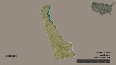 Amerika Birleşik Devletleri 'nin başkenti Delaware' in sağlam arka planda izole edilmiş hali. Uzaklık ölçeği, bölge önizlemesi ve etiketleri. Uydu görüntüleri. 3B görüntüleme