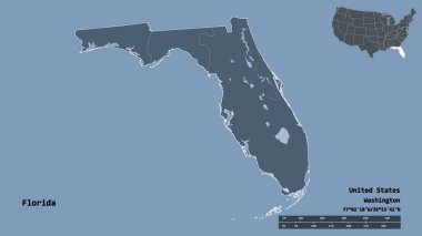 Florida 'nın şekli, Birleşik Devletler' in anakara eyaleti, başkenti sağlam arka planda izole edilmiş. Uzaklık ölçeği, bölge önizlemesi ve etiketleri. Renkli yükseklik haritası. 3B görüntüleme