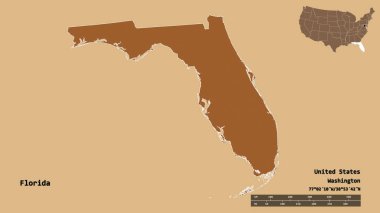Florida 'nın şekli, Birleşik Devletler' in anakara eyaleti, başkenti sağlam arka planda izole edilmiş. Uzaklık ölçeği, bölge önizlemesi ve etiketleri. Desenli dokuların bileşimi. 3B görüntüleme