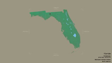 Florida bölgesi, Birleşik Devletler Anakara Eyaleti, jeoreferatlı bir sınır kutusunda sağlam bir arka planda izole edilmiş. Etiketler. Topografik yardım haritası. 3B görüntüleme