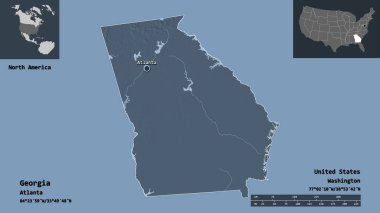 Gürcistan 'ın şekli, Birleşik Devletler' in Anakara Eyaleti ve başkenti. Uzaklık ölçeği, ön gösterimler ve etiketler. Renkli yükseklik haritası. 3B görüntüleme