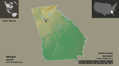 Gürcistan 'ın şekli, Birleşik Devletler' in Anakara Eyaleti ve başkenti. Uzaklık ölçeği, ön gösterimler ve etiketler. Topografik yardım haritası. 3B görüntüleme