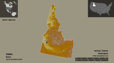Idaho 'nun şekli, Anakara Birleşik Devletleri eyaleti ve başkenti. Uzaklık ölçeği, ön gösterimler ve etiketler. Topografik yardım haritası. 3B görüntüleme