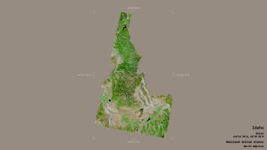 Idaho bölgesi, Birleşik Devletler 'in Anakara Eyaleti, katı bir arka planda izole edilmiş bir sınır kutusunda. Etiketler. Uydu görüntüleri. 3B görüntüleme