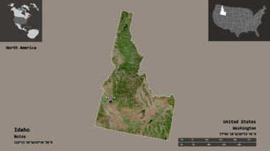 Idaho 'nun şekli, Anakara Birleşik Devletleri eyaleti ve başkenti. Uzaklık ölçeği, ön gösterimler ve etiketler. Uydu görüntüleri. 3B görüntüleme