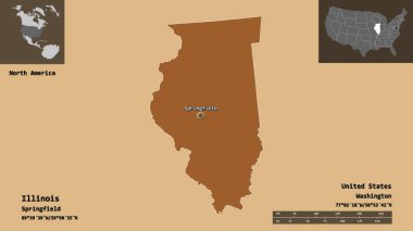 Illinois 'in şekli, Anakara Birleşik Devletleri eyaleti ve başkenti. Uzaklık ölçeği, ön gösterimler ve etiketler. Desenli dokuların bileşimi. 3B görüntüleme