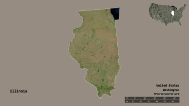 Illinois 'in şekli, Birleşik Devletler' in Anakara eyaleti, başkenti sağlam bir arka planda izole edilmiş. Uzaklık ölçeği, bölge önizlemesi ve etiketleri. Uydu görüntüleri. 3B görüntüleme