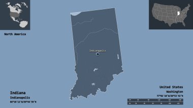Indiana 'nın şekli, Anakara Birleşik Devletleri eyaleti ve başkenti. Uzaklık ölçeği, ön gösterimler ve etiketler. Renkli yükseklik haritası. 3B görüntüleme