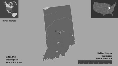 Indiana 'nın şekli, Anakara Birleşik Devletleri eyaleti ve başkenti. Uzaklık ölçeği, ön gösterimler ve etiketler. Çift seviyeli yükseklik haritası. 3B görüntüleme