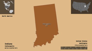 Indiana 'nın şekli, Anakara Birleşik Devletleri eyaleti ve başkenti. Uzaklık ölçeği, ön gösterimler ve etiketler. Desenli dokuların bileşimi. 3B görüntüleme
