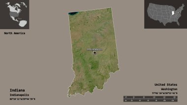 Indiana 'nın şekli, Anakara Birleşik Devletleri eyaleti ve başkenti. Uzaklık ölçeği, ön gösterimler ve etiketler. Uydu görüntüleri. 3B görüntüleme