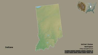 Indiana 'nın şekli, Birleşik Devletler' in Anakara eyaleti, başkenti sağlam arka planda izole edilmiş. Uzaklık ölçeği, bölge önizlemesi ve etiketleri. Topografik yardım haritası. 3B görüntüleme
