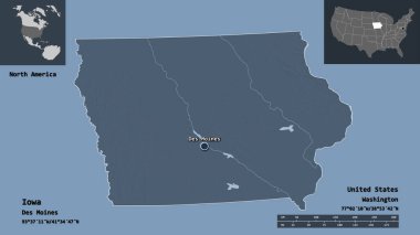 Iowa 'nın şekli, Anakara Birleşik Devletleri eyaleti ve başkenti. Uzaklık ölçeği, ön gösterimler ve etiketler. Renkli yükseklik haritası. 3B görüntüleme