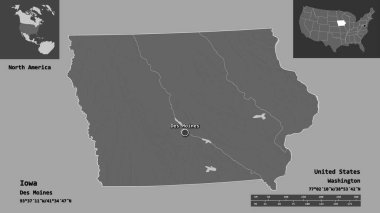 Iowa 'nın şekli, Anakara Birleşik Devletleri eyaleti ve başkenti. Uzaklık ölçeği, ön gösterimler ve etiketler. Çift seviyeli yükseklik haritası. 3B görüntüleme