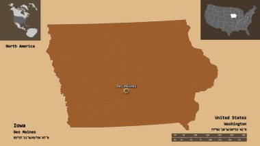 Iowa 'nın şekli, Anakara Birleşik Devletleri eyaleti ve başkenti. Uzaklık ölçeği, ön gösterimler ve etiketler. Desenli dokuların bileşimi. 3B görüntüleme