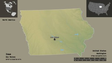 Iowa 'nın şekli, Anakara Birleşik Devletleri eyaleti ve başkenti. Uzaklık ölçeği, ön gösterimler ve etiketler. Topografik yardım haritası. 3B görüntüleme