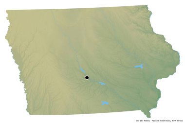 Birleşik Devletler 'in Iowa eyaleti, başkenti beyaz arka planda izole edilmiş. Topografik yardım haritası. 3B görüntüleme