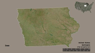 Birleşik Devletler 'in Iowa eyaleti, başkenti sağlam arka planda izole edilmiş. Uzaklık ölçeği, bölge önizlemesi ve etiketleri. Uydu görüntüleri. 3B görüntüleme