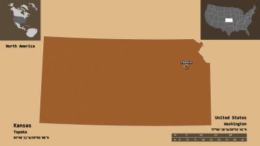 Kansas 'ın şekli, Birleşik Devletler' in Anakara Eyaleti ve başkenti. Uzaklık ölçeği, ön gösterimler ve etiketler. Desenli dokuların bileşimi. 3B görüntüleme