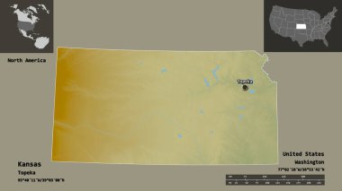 Kansas 'ın şekli, Birleşik Devletler' in Anakara Eyaleti ve başkenti. Uzaklık ölçeği, ön gösterimler ve etiketler. Topografik yardım haritası. 3B görüntüleme
