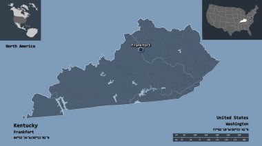 Kentucky 'nin şekli, Anakara Birleşik Devletleri eyaleti ve başkenti. Uzaklık ölçeği, ön gösterimler ve etiketler. Renkli yükseklik haritası. 3B görüntüleme