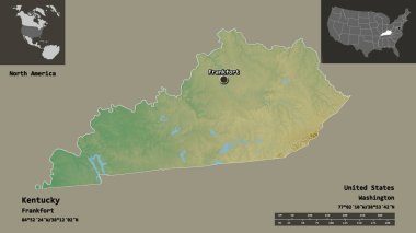 Kentucky 'nin şekli, Anakara Birleşik Devletleri eyaleti ve başkenti. Uzaklık ölçeği, ön gösterimler ve etiketler. Topografik yardım haritası. 3B görüntüleme