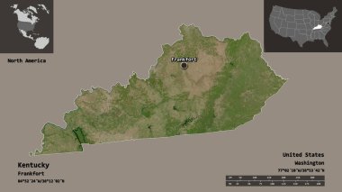 Kentucky 'nin şekli, Anakara Birleşik Devletleri eyaleti ve başkenti. Uzaklık ölçeği, ön gösterimler ve etiketler. Uydu görüntüleri. 3B görüntüleme
