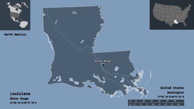 Louisiana 'nın şekli, Anakara Birleşik Devletleri eyaleti ve başkenti. Uzaklık ölçeği, ön gösterimler ve etiketler. Renkli yükseklik haritası. 3B görüntüleme