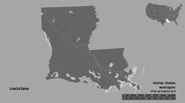 Louisiana 'nın şekli, Birleşik Devletler' in Anakara eyaleti, başkenti sağlam bir arka planda izole edilmiş. Uzaklık ölçeği, bölge önizlemesi ve etiketleri. Çift seviyeli yükseklik haritası. 3B görüntüleme