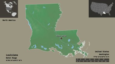 Louisiana 'nın şekli, Anakara Birleşik Devletleri eyaleti ve başkenti. Uzaklık ölçeği, ön gösterimler ve etiketler. Topografik yardım haritası. 3B görüntüleme
