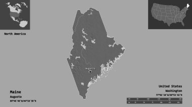 Maine 'in şekli, Birleşik Devletler' in anakara eyaleti ve başkenti. Uzaklık ölçeği, ön gösterimler ve etiketler. Çift seviyeli yükseklik haritası. 3B görüntüleme