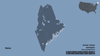 Maine 'in şekli, Birleşik Devletler' in Anakara eyaleti, başkenti sağlam arka planda izole edilmiş. Uzaklık ölçeği, bölge önizlemesi ve etiketleri. Renkli yükseklik haritası. 3B görüntüleme