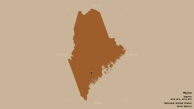 Maine bölgesi, Birleşik Devletler Anakara Eyaleti, katı bir arka planda izole edilmiş bir sınır kutusunda. Etiketler. Desenli dokuların bileşimi. 3B görüntüleme