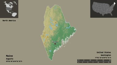 Maine 'in şekli, Birleşik Devletler' in anakara eyaleti ve başkenti. Uzaklık ölçeği, ön gösterimler ve etiketler. Topografik yardım haritası. 3B görüntüleme