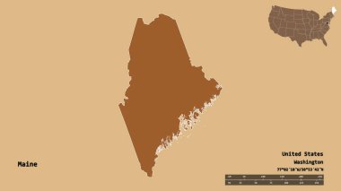 Maine 'in şekli, Birleşik Devletler' in Anakara eyaleti, başkenti sağlam arka planda izole edilmiş. Uzaklık ölçeği, bölge önizlemesi ve etiketleri. Desenli dokuların bileşimi. 3B görüntüleme