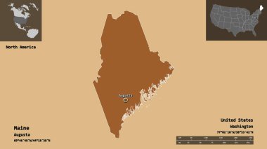 Maine 'in şekli, Birleşik Devletler' in anakara eyaleti ve başkenti. Uzaklık ölçeği, ön gösterimler ve etiketler. Desenli dokuların bileşimi. 3B görüntüleme