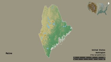 Maine 'in şekli, Birleşik Devletler' in Anakara eyaleti, başkenti sağlam arka planda izole edilmiş. Uzaklık ölçeği, bölge önizlemesi ve etiketleri. Topografik yardım haritası. 3B görüntüleme