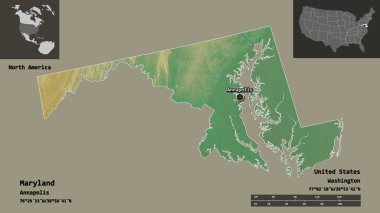 Maryland 'in şekli, Anakara Birleşik Devletleri eyaleti ve başkenti. Uzaklık ölçeği, ön gösterimler ve etiketler. Topografik yardım haritası. 3B görüntüleme