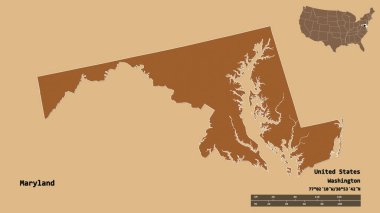 Maryland 'in şekli, Birleşik Devletler' in anakara eyaleti, başkenti sağlam arka planda izole edilmiş. Uzaklık ölçeği, bölge önizlemesi ve etiketleri. Desenli dokuların bileşimi. 3B görüntüleme