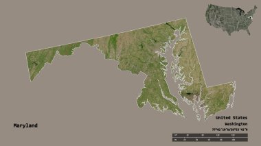 Maryland 'in şekli, Birleşik Devletler' in anakara eyaleti, başkenti sağlam arka planda izole edilmiş. Uzaklık ölçeği, bölge önizlemesi ve etiketleri. Uydu görüntüleri. 3B görüntüleme