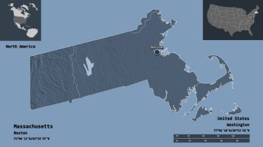 Massachusetts 'in şekli, Birleşik Devletler' in Anakara Eyaleti ve başkenti. Uzaklık ölçeği, ön gösterimler ve etiketler. Renkli yükseklik haritası. 3B görüntüleme
