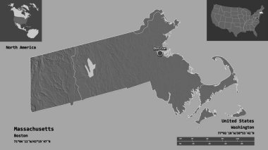 Massachusetts 'in şekli, Birleşik Devletler' in Anakara Eyaleti ve başkenti. Uzaklık ölçeği, ön gösterimler ve etiketler. Çift seviyeli yükseklik haritası. 3B görüntüleme