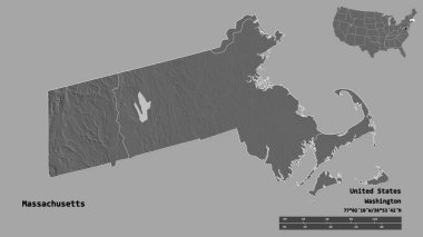 Massachusetts 'in şekli, Birleşik Devletler Anakara Eyaleti, başkenti sağlam bir arka planda izole edilmiş. Uzaklık ölçeği, bölge önizlemesi ve etiketleri. Çift seviyeli yükseklik haritası. 3B görüntüleme