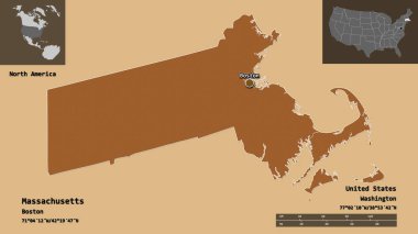 Massachusetts 'in şekli, Birleşik Devletler' in Anakara Eyaleti ve başkenti. Uzaklık ölçeği, ön gösterimler ve etiketler. Desenli dokuların bileşimi. 3B görüntüleme