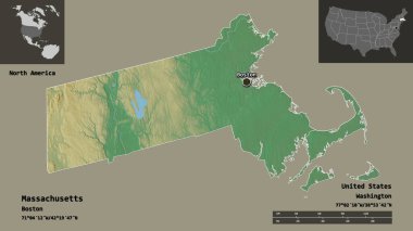Massachusetts 'in şekli, Birleşik Devletler' in Anakara Eyaleti ve başkenti. Uzaklık ölçeği, ön gösterimler ve etiketler. Topografik yardım haritası. 3B görüntüleme