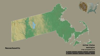 Massachusetts 'in şekli, Birleşik Devletler Anakara Eyaleti, başkenti sağlam bir arka planda izole edilmiş. Uzaklık ölçeği, bölge önizlemesi ve etiketleri. Topografik yardım haritası. 3B görüntüleme