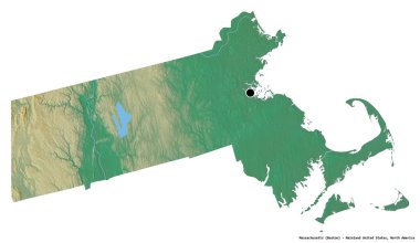 Massachusetts 'in şekli, Birleşik Devletler Anakara Eyaleti, başkenti beyaz arka planda izole edilmiş. Topografik yardım haritası. 3B görüntüleme