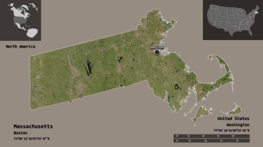Massachusetts 'in şekli, Birleşik Devletler' in Anakara Eyaleti ve başkenti. Uzaklık ölçeği, ön gösterimler ve etiketler. Uydu görüntüleri. 3B görüntüleme