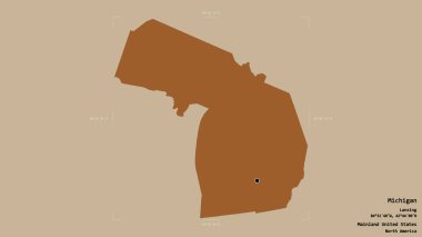 Michigan bölgesi, Birleşik Devletler Anakara Eyaleti, jeoreferatlı bir sınır kutusunda sağlam bir arka planda izole edilmiş. Etiketler. Desenli dokuların bileşimi. 3B görüntüleme