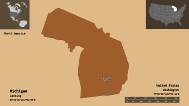Michigan 'ın şekli, Anakara Birleşik Devletleri eyaleti ve başkenti. Uzaklık ölçeği, ön gösterimler ve etiketler. Desenli dokuların bileşimi. 3B görüntüleme